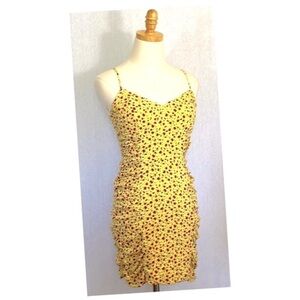 ROW A yellow red rose rise side ruched spaghetti strap mini dress